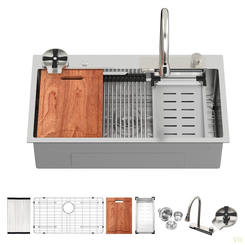 Évier de cuisine à cascade 33 po - 33 po x 19,29 po x 9 po, évier de cuisine à rebord simple en acier inoxydable calibre 16 et station de travail