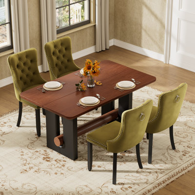 Ensemble de table de salle à manger moderne en noyer avec chaises en velours 4/6, bois aggloméré et bois massif pour les petits espaces