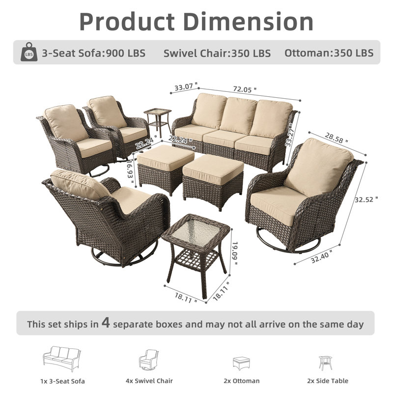 7 - Person Wicker Outdoor Conversation Set, Patio Sofa & Swivel Chair Set with Cushions, Beige Cushion/Brown Frame, No