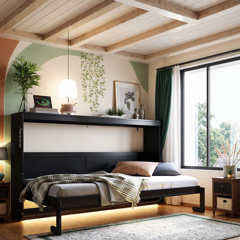 Grand lit escamotable imprimé grand et simple avec éclairage DEL et charge USB, Lit simple, Noir