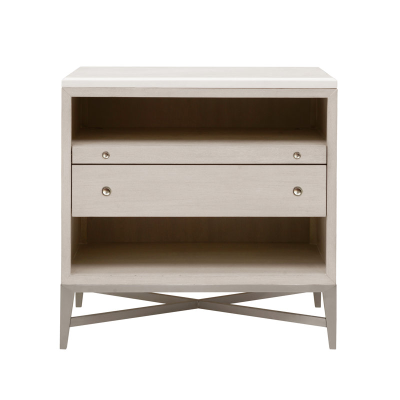 Beige and White 2-Drawer Nightstand with USB-C Port