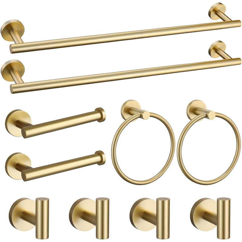 Ensemble de 10 accessoires de salle de bain en acier inoxydable doré brossé SUS304 – Porte-serviettes et accessoires inclus