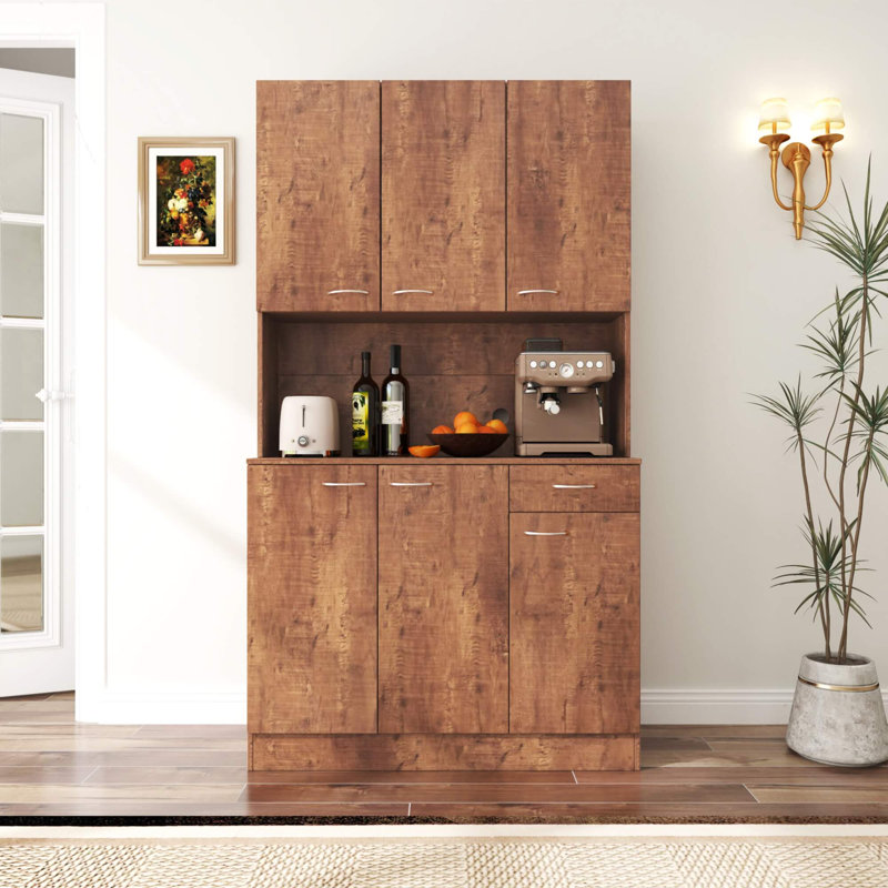 Armoire de cuisine 70,87 "de haut avec 6 portes, 1 tiroir et 1 tablette ouverte, chêne rustique, Brun