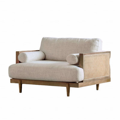 Modern 1Pc Beautiful Accent Chair Side Bolster Pillow Tapered Wooden Legs Reversible Pillow Back In Beige And Light Oak Finish Primary Living Room