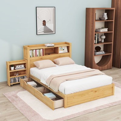 Lit plateforme à 2 tiroirs en bois avec éclairage DEL, tête de lit et armoire coulissante