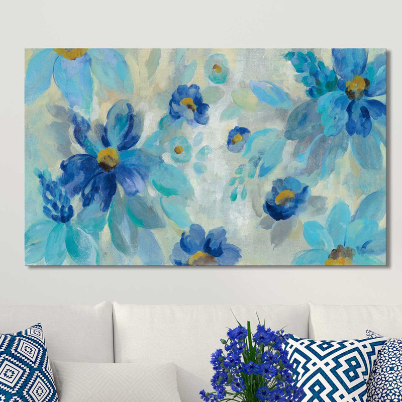 «Blue Flowers Whisper I», reproduction de peinture acrylique sur toile, H 18 po x l 30 po x P 1 po, Toile tendue
