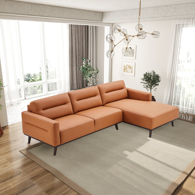 Neithen 109.5" Wide Mid Century Modern L-Shaped Vegan Leather Sofa & Chaise, Right Hand Facing