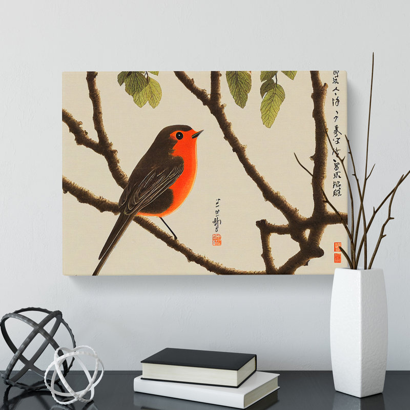 Robin Bird Japanese - Wrapped Canvas Painting, 35cm H x 50cm W x 3cm D