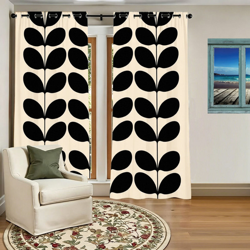2 pièces rideaux occultants à motif botanique noir, rideaux de fenêtre à motif géométrique bloquant la lumière, œillets pour le salon, la chambre, la cuisine, le bureau à domicile, décor