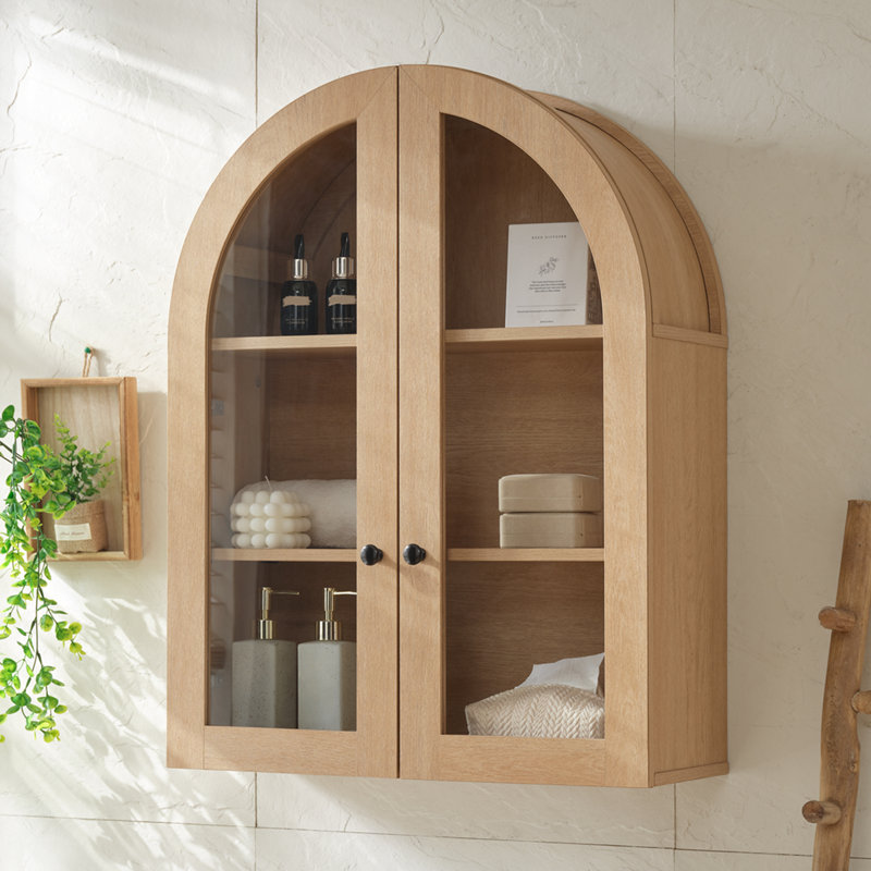 Modern Arched Cabinet Wall Mount with Adjustable Shelf & Glass Doors, Natural Oak, Natural