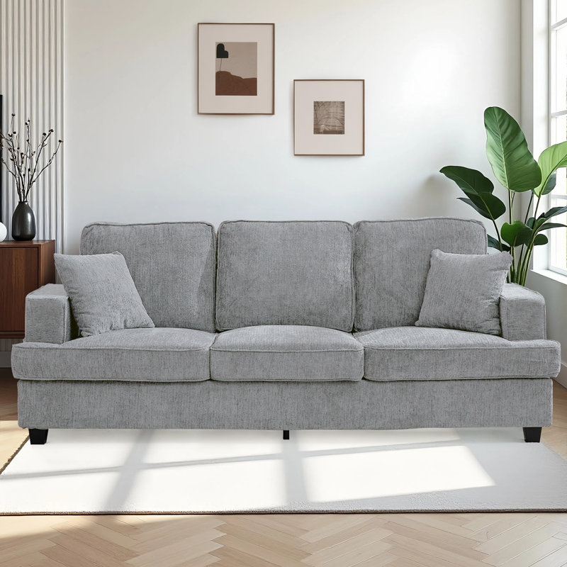 Modern 3 - Seater Chenille Upholstered Sofa ，sofa Couch With Square Arms For Living And Bedrooms, Pewter