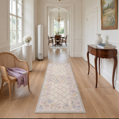 Machine Washable Floral Ivory / Lavender Hallway Runner With Non-Slip Backing