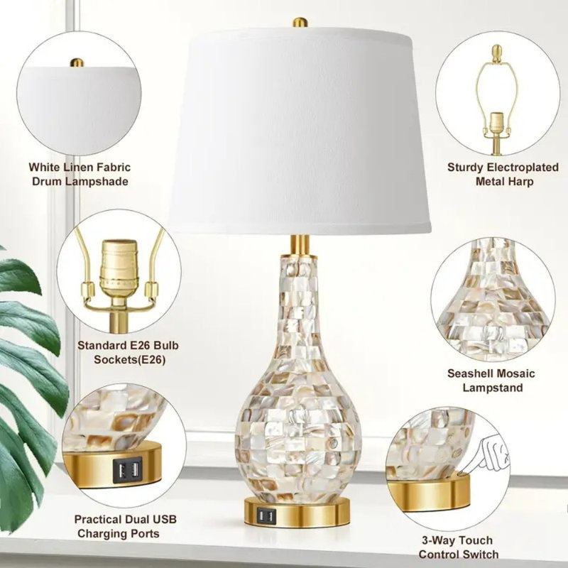 25.5" Mosaic Shell Tiles Tile Table Lamp Set Of 2, Modern Gold Bedside Table Lamp With Dual USB Charging Ports, 3 Colour Modes Adjustment Touch Control Table Lamp For Living Room, Bedroom