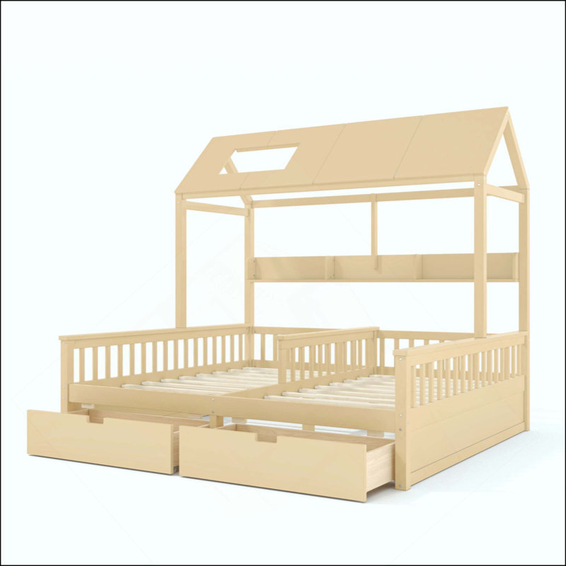 Lit plateforme avec tablettes et tiroirs de rangement, lit plateforme avec lattes de soutien, conception enfantine et maisonnette