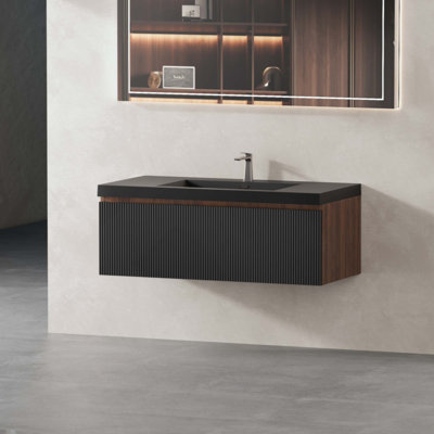 Ensemble de meuble-lavabo flottant avec lavabo, meuble de rangement mural à rayures avec tiroir à fermeture en douceur et cuve à sable Quartz