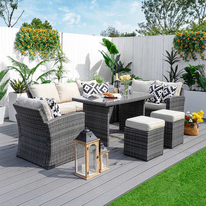 Baecher Wicker 6-Person Outdoor Seating Group with Cushions, Gray Frame/Beige Cushion