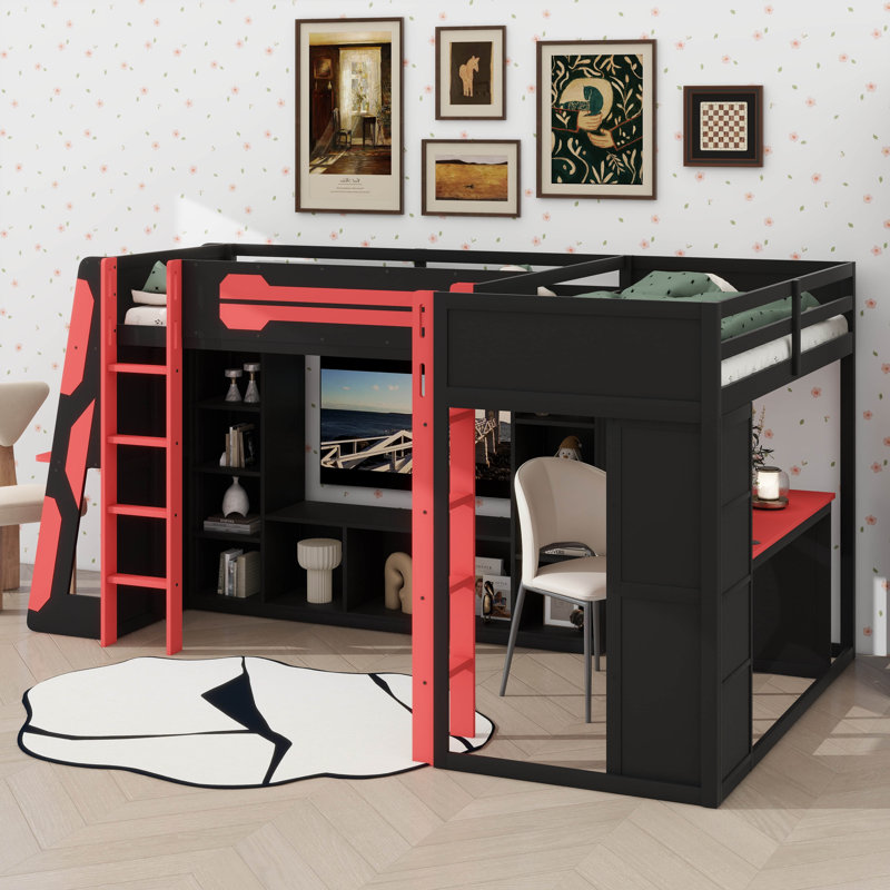 Lit mezzanine simple en forme de L avec bureaux intégrés, cadre de lit de jeu en bois avec DEL RVB, ports USB, support de télévision et compartiments de rangement