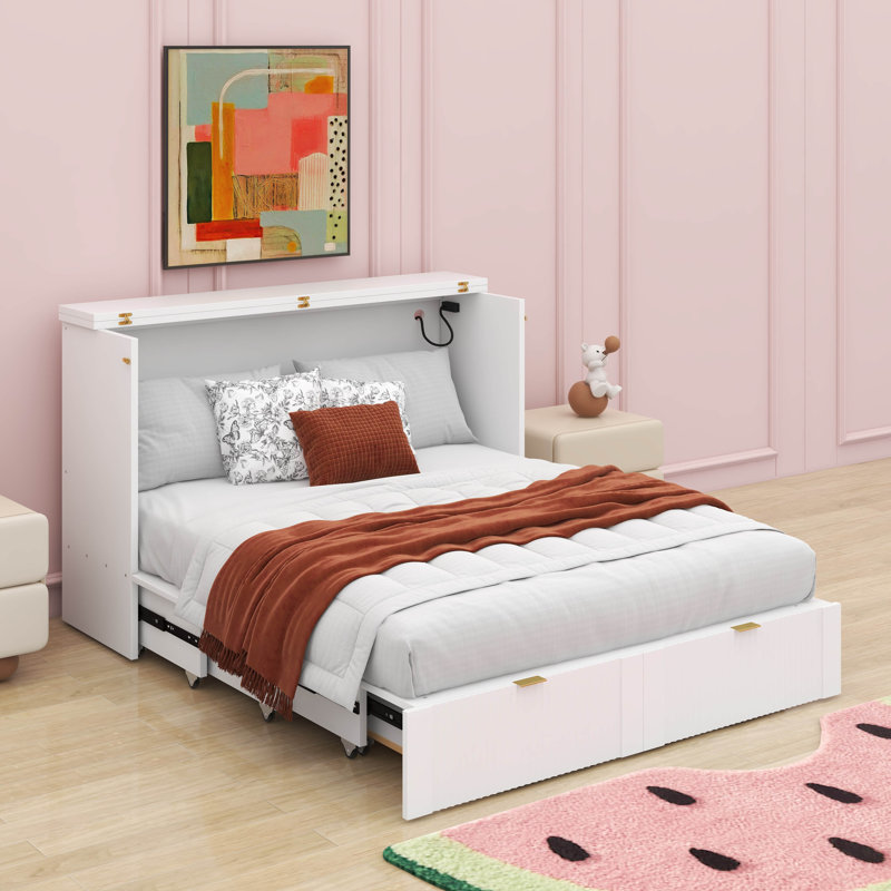 Grand lit escamotable avec tiroir et ports USB, Blanc