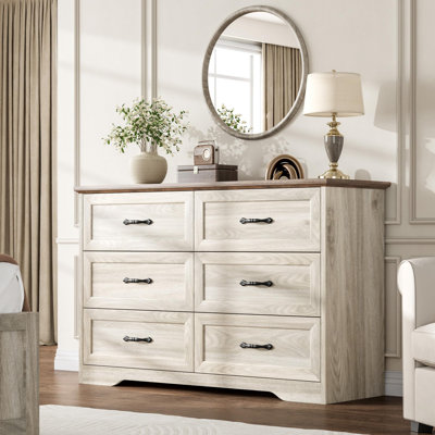 Commode 6 tiroirs pour chambre à coucher, commode avec poignée large en métal, commode moderne en bois de style campagnard