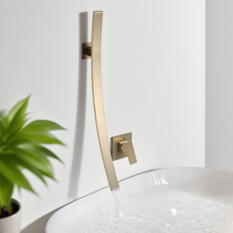 Wall Mounted Waterfall Bathroom Sink Faucet With Single Handle And Optional Drain Assembly, Brushed Gold, With Drain