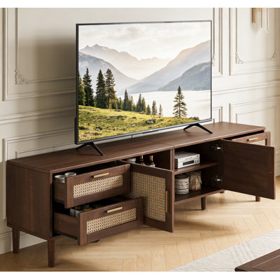 Meuble télé 78,7 po pour téléviseur de 85 po ou moins, console multimédia moderne avec portes tissées et 4 tiroirs, brun foncé
