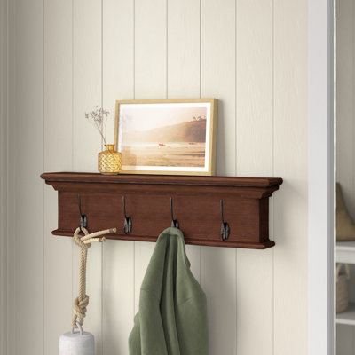 28" Solid Wood Four Hook Wall Mount Coat Rack