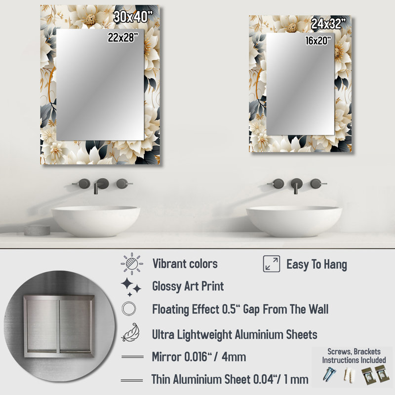 White And Gold Chrysanthemum Mandalas - Floral Unique Mirror, Floral Large Wall Mirror, Printed Metal Art, 40" x 30"
