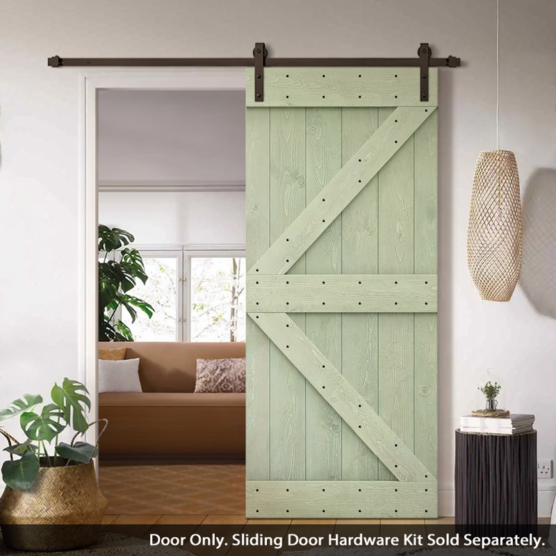 Porte de grange peinte en bois et en métal sans ensemble de quincaillerie d’installation, Vert sauge, 42 po x 84 po