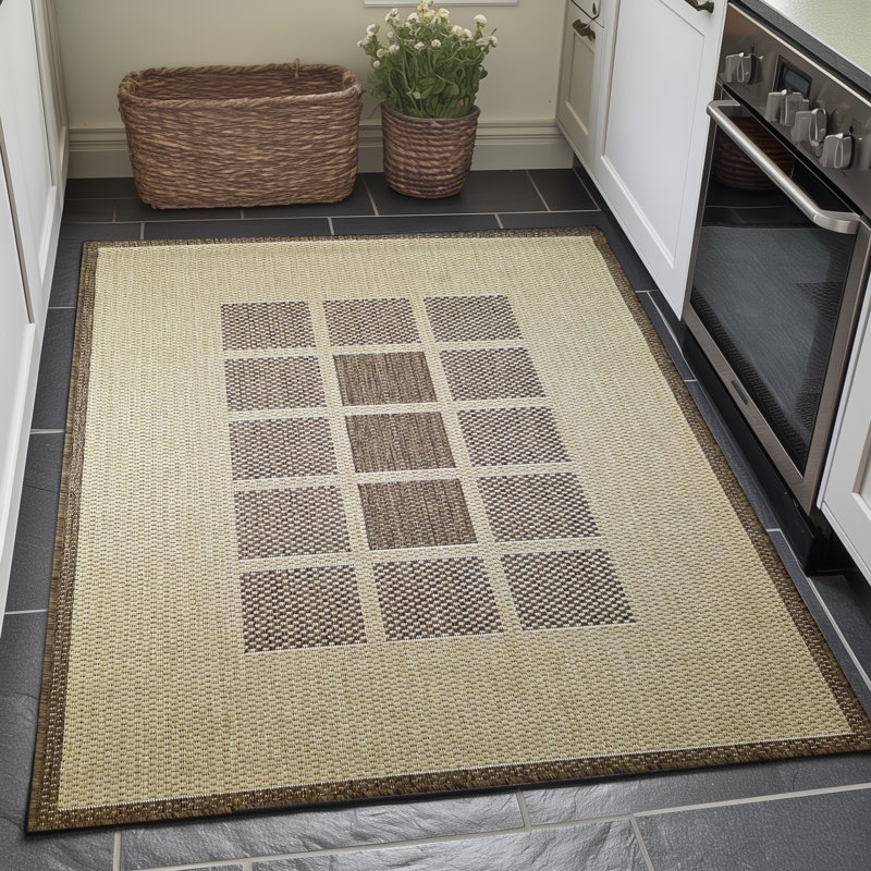 Gere Rug Non Slip Flat Weave Border Check Geometric Kitchen Living Room Carpet, Rectangle 160 x 225 cm, Brown