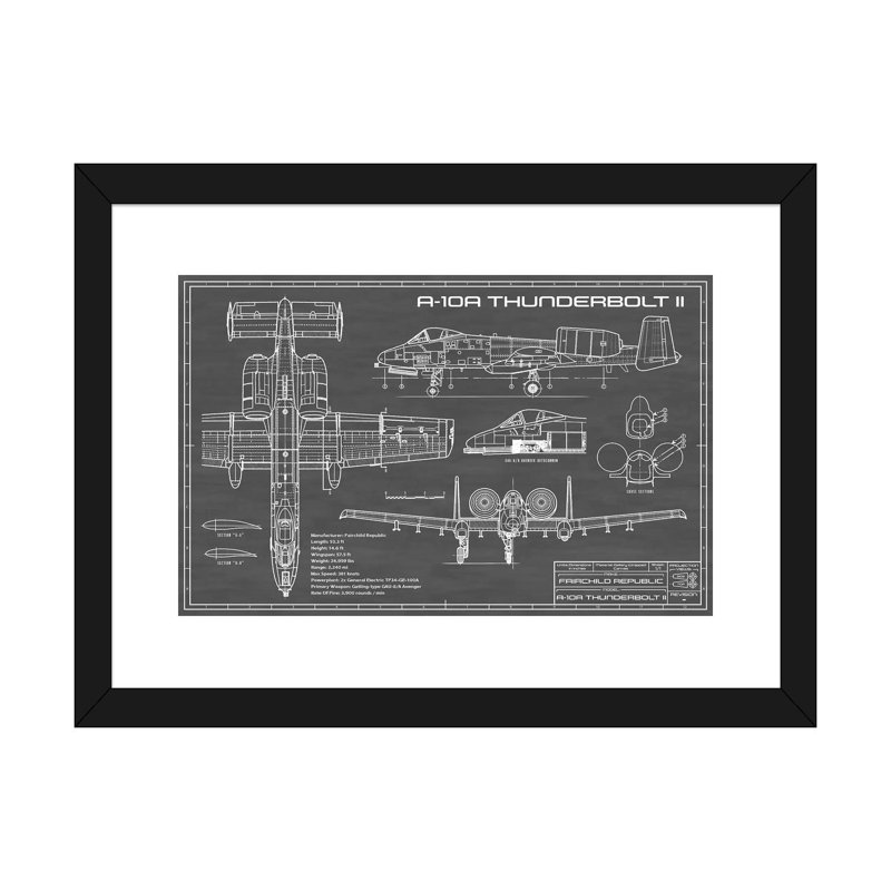 A-10 Thunderbolt II-imprimé de dessin, Papier encadré noir, Blanc, H 24 po x l 32 po x P 1 po