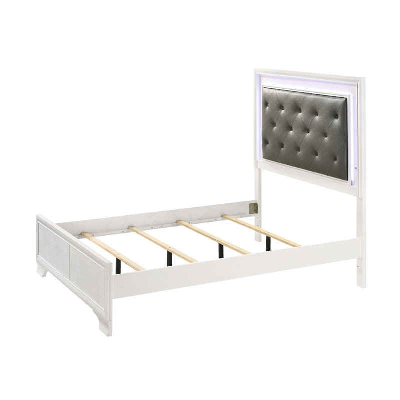 Élégant lit à DEL pleine grandeur avec revêtement en crocodile, tête de lit en faux diamant et panneau de support solide