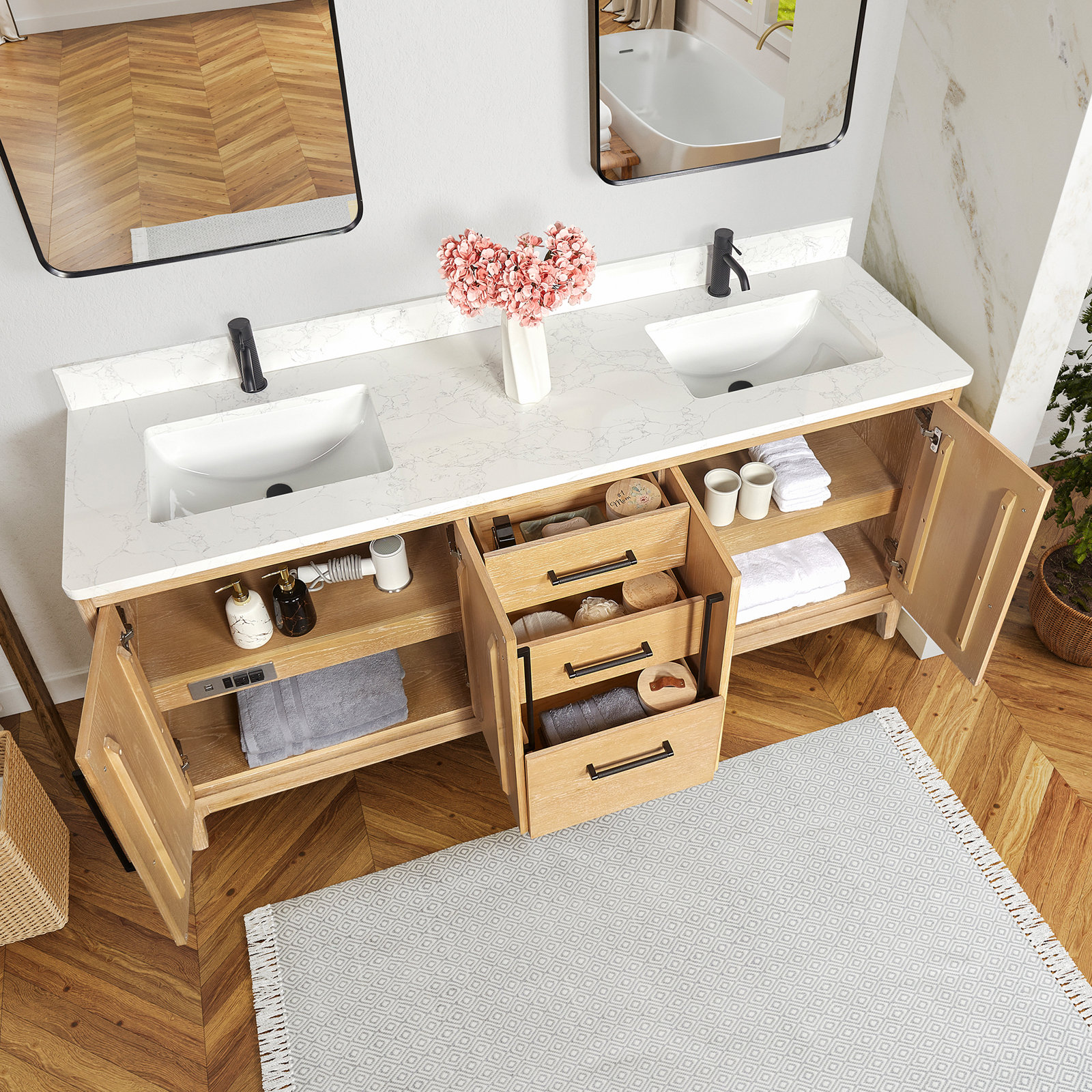 Langosta 72 Free Standing Double Bathroom Vanity with Top, Washed Ash Gray
