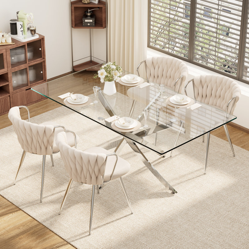 5-Piece Rectangle Glass Dining Table Set, Beige, Sliver, 29.5"H x 71"L x 31.5"W