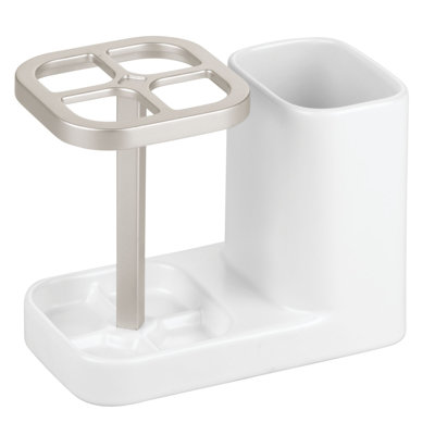 Idesign Ceramic Toothbrush And Toothpaste Holder For Bathroom  - Satin White/nickel In Brushed Nickel