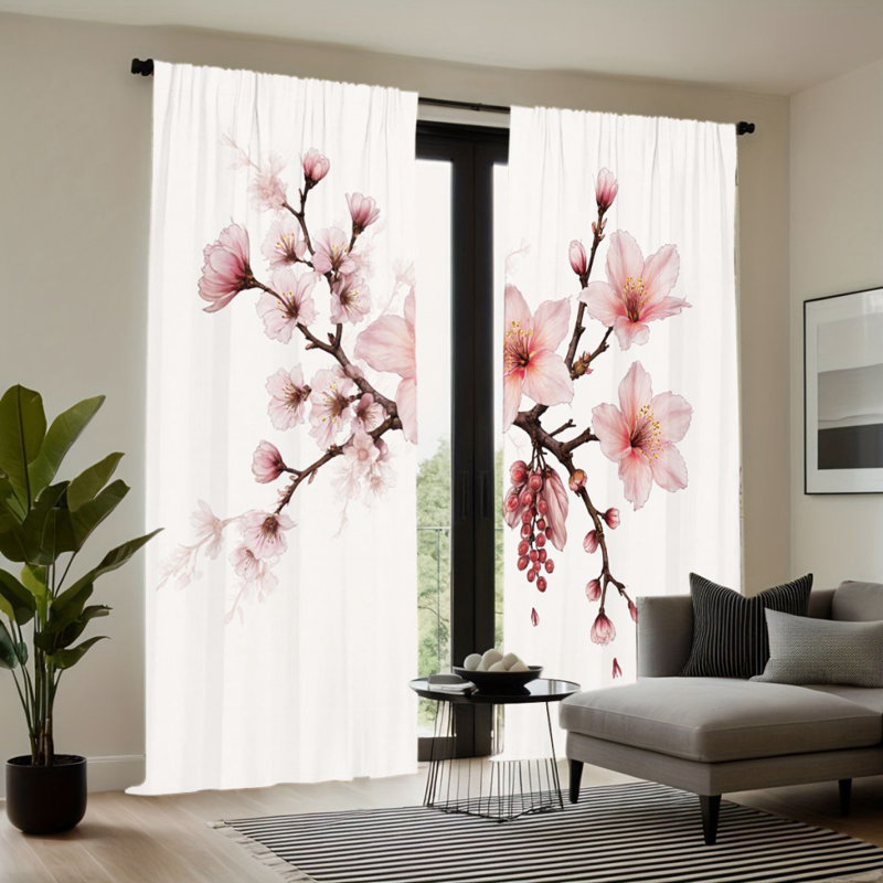 2Pcs Pink Cherry Blossom Curtains, Rod Pocket Sun Blocking, Floral Nature Theme, All-Season For Living Room Bedroom Study Window Decor