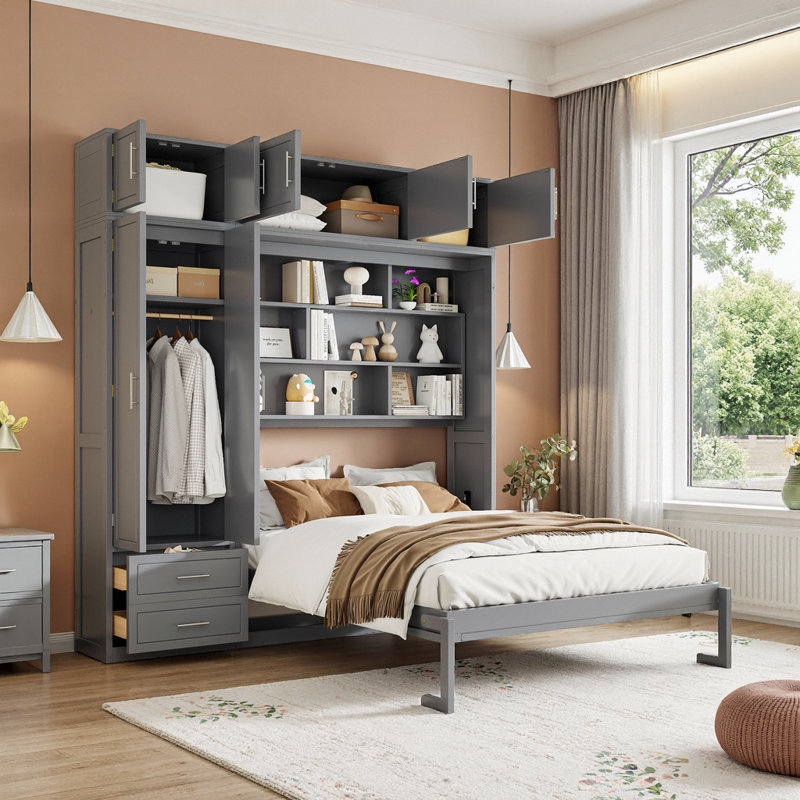Grand lit escamotable mural avec tablettes du haut et garde-robe, Gris