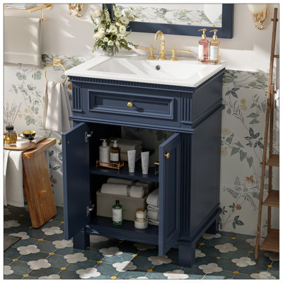 Armoire de salle de bain 24 po Vintage Elegance avec portes à fermeture douce et tablette réglable, meuble-lavabo avec lavabo en céramique