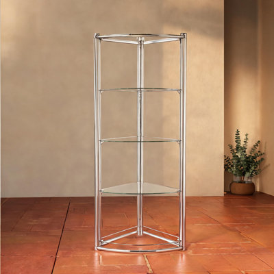 Présentoir triangulaire minimaliste en verre trempé à cadre chromé, espace de présentation ouvert à 5 niveaux, grand autoportant, transparent argenté