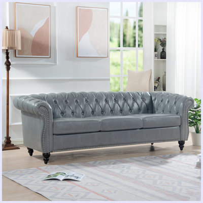 Elaiza 3-Seater Chesterfield Faux Leather Sofa with Rolled Arm