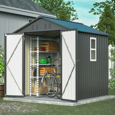 6x6 Ft. Durable Outdoor Storage Shed With Window And Foundation Kit For Garden Patio Furniture And Tools, Black