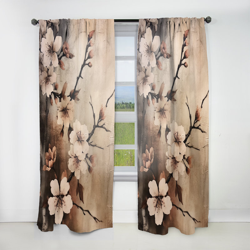 Clareta Cherry Blossoms Brown Dark Solitude - Traditional Velvet Curtain - Room Darkening - 1 panel, 52" W x 120" L
