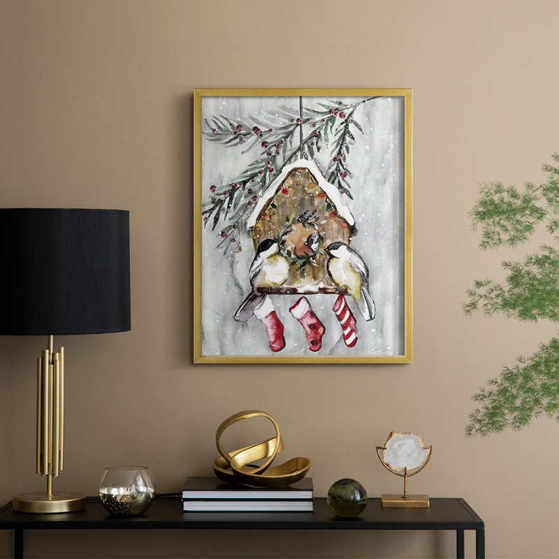 Winter Birds Framed Print - Solid Wood, 11" H x 9" W, Gold