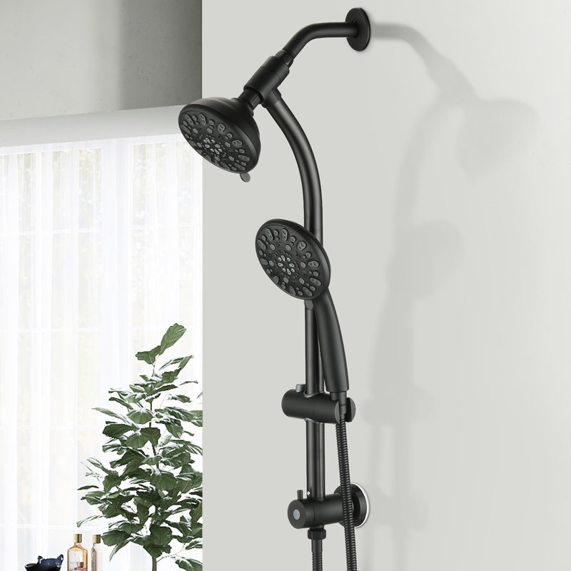 Douche à barre coulissante en acier inoxydable avec deux têtes et débit de 1,8 gallon par minute - Pomme de douche noire mat 7 fonctions