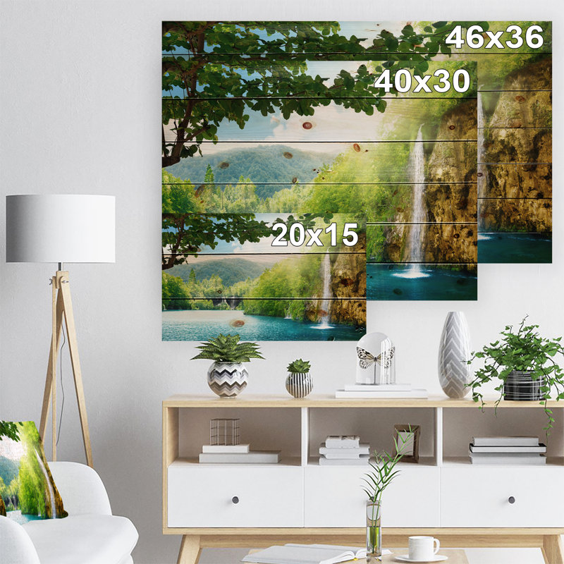 Cascade dans la forêt profonde - Panneaux d'art mural traditionnels en bois - Bois de pin naturel, H 30 po x l 40 po x P 1 po