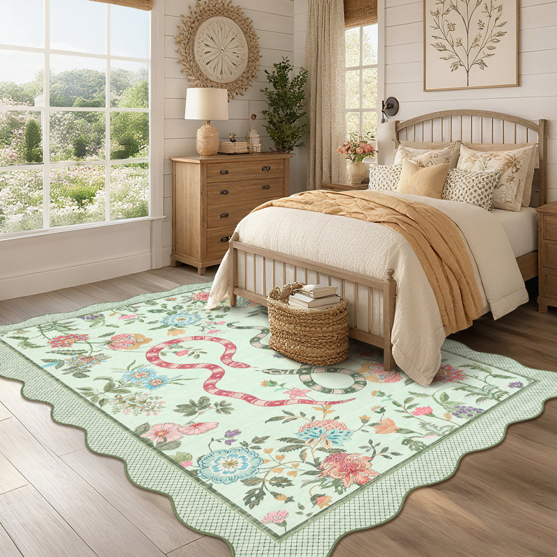 Farmhouse Floral Rug Washable Rug Non Slip Modern Scalloped Carpet, Soft Non Shedding Indoor Carpet, Low Pile Thin Foldable Printed Mat