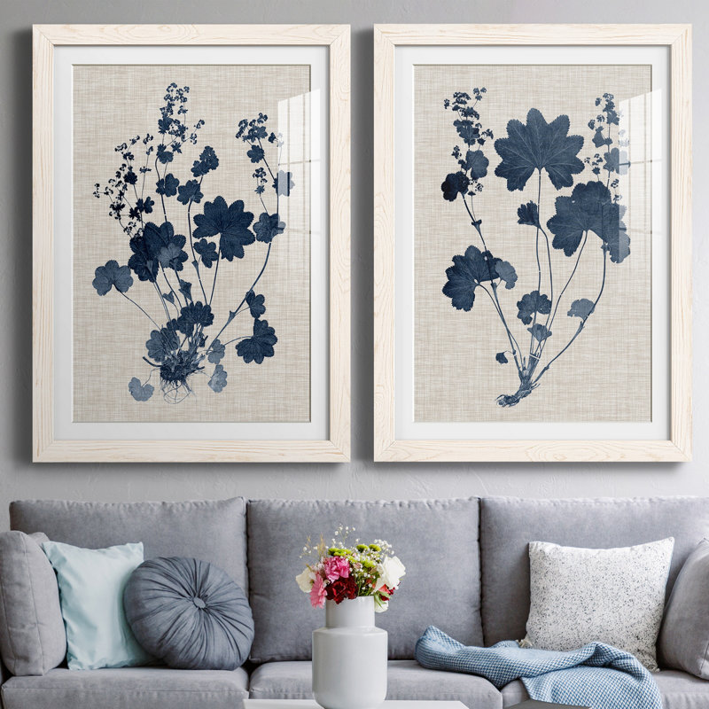 Bleu marine et feuilles de lin II - ensemble de 2 reproductions d'art sur papier encadré, H 31,5 po x l 47 po, Blanc