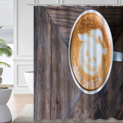 Halloween Art Hot Coffee Wood Brown White Shower Curtain with 12 Hooks