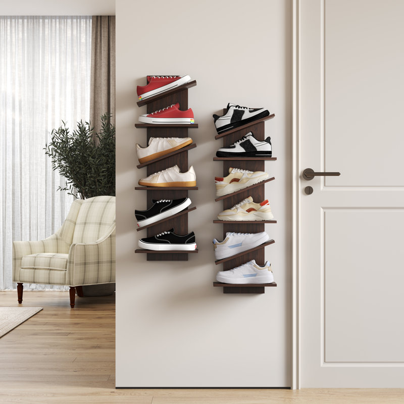 Floating Shoe Rack Wall-mounted, Floating 6 Pair Shoes Display Shelf, Walnut, Espresso Wood