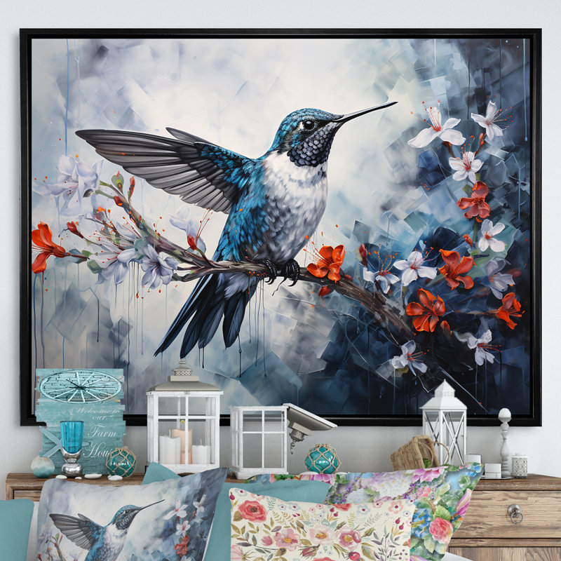 Colibri harmonie florale sur toile, Cadre flottant noir, H 16 po x l 32 po x P 1 po