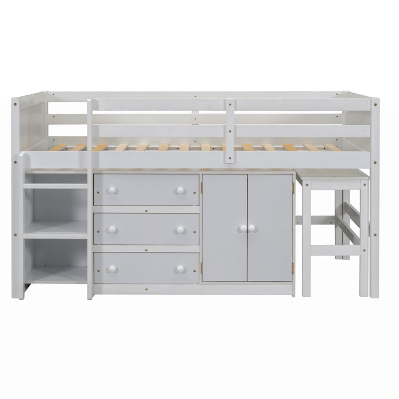 Lit mezzanine simple simple avec bureau coulissant, tiroirs, armoire et tablettes, Blanc